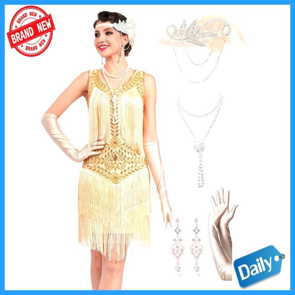 1920s Flapper Dress Lace V-Neck Fringe Gatsby Costume Prom Party
